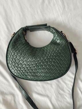 Deep Green Woven Vegan Leather Hobo Bag Crossbody Gold Hardware Emerald